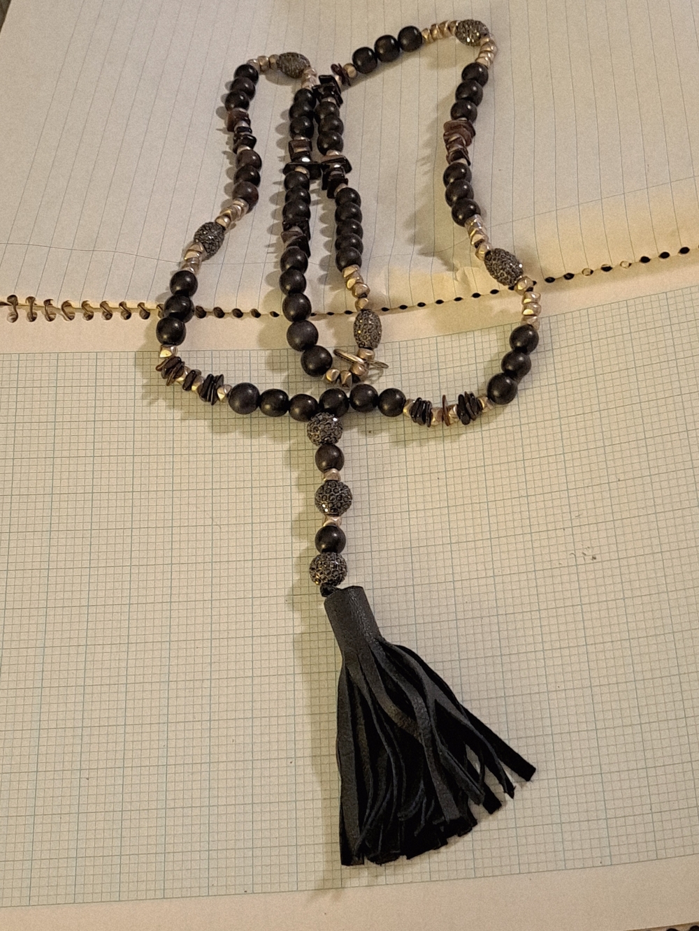 Hipchik Couture Brown Wood & Stone Bead Black Leather Tassel Long Necklace